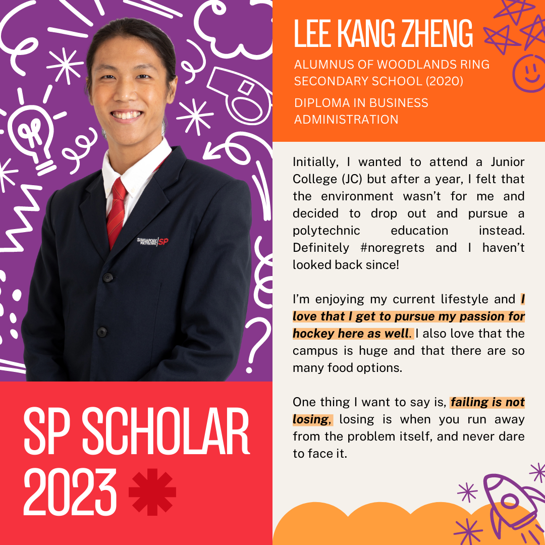SP Scholar 2023 profile card for Lee Kang Zheng, showing a smiling young man in a dark blazer with a red tie.